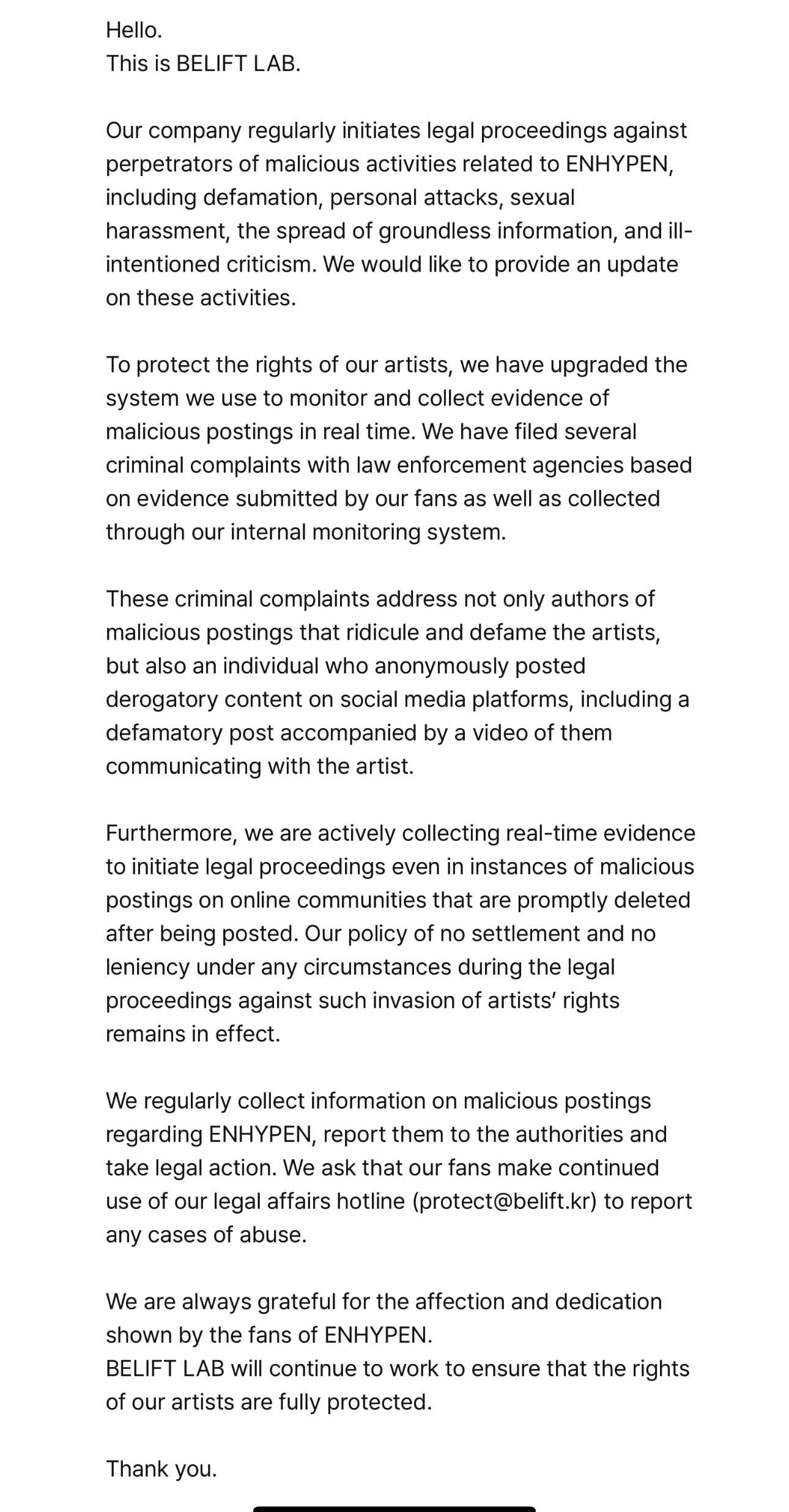 230629 Weverse Notice: Update Notice on Legal Proceedings Against Violation of Artist Rights (June 29)