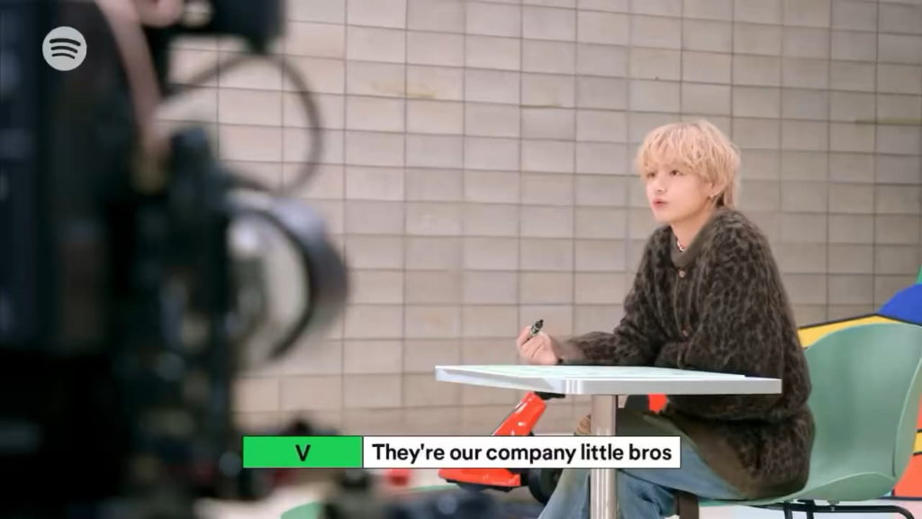 230908 BTS’ V played a Bingo game with Spotify on a recent video. The cards are K-Pop V enjoys in real life and K-Pop recommendations from ARMY for V. Both Bingo cards included ENHYPEN’s ‘Bite Me’. V also referred to ENHYPEN as ‘company little bros’!