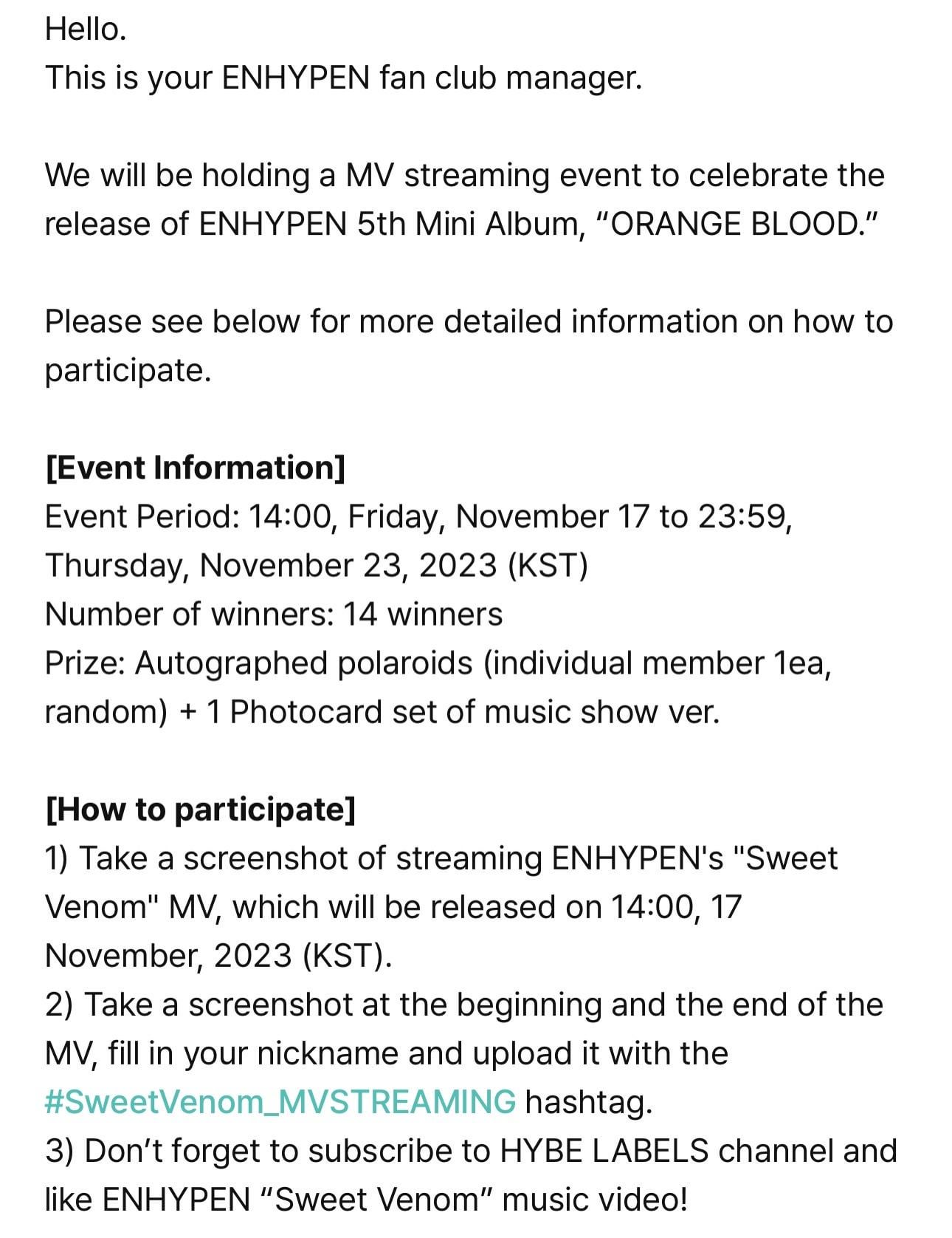 231116 [NOTICE] Information on the Track MV Streaming Event in Celebration of ENHYPEN 5th Mini Album “ORANGE BLOOD” Release