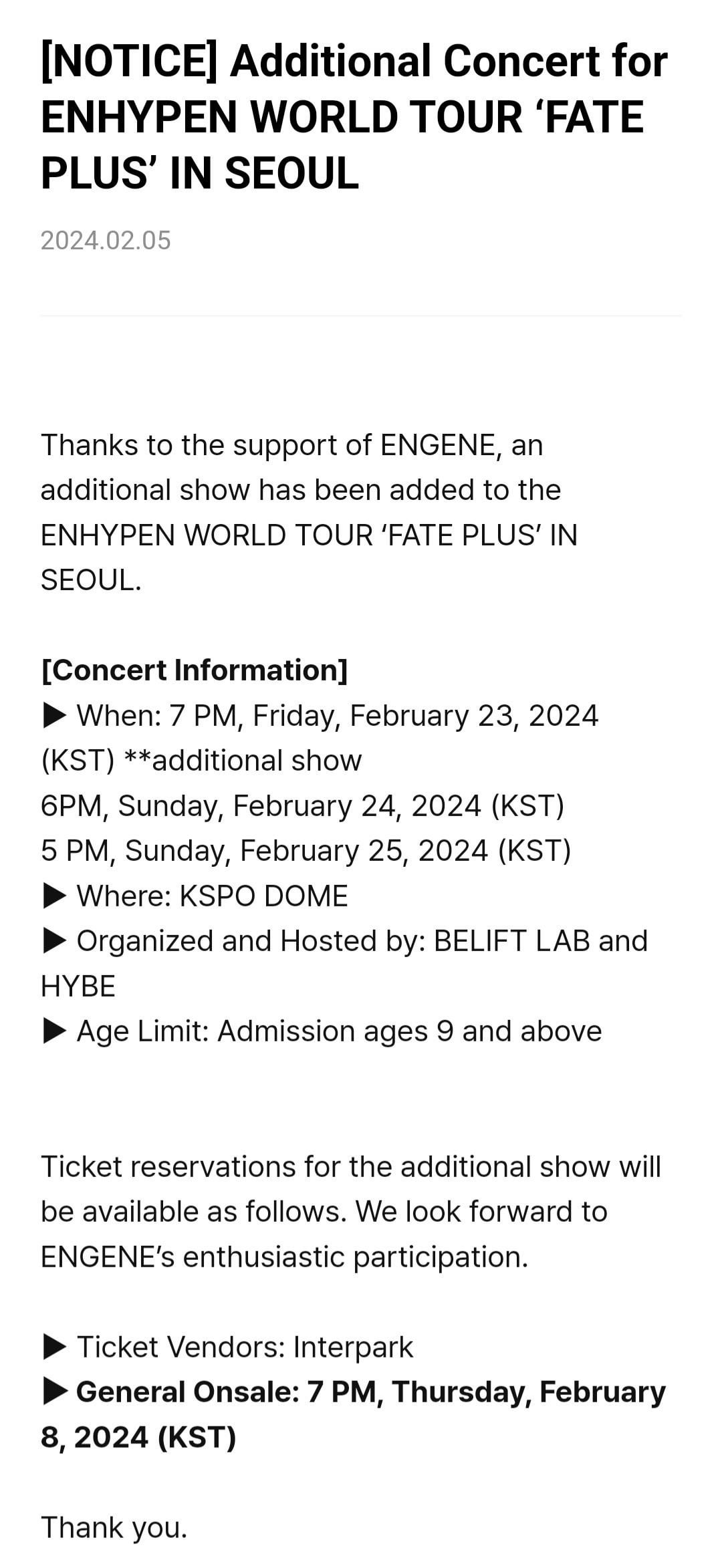 240205 Additional Concert for ENHYPEN WORLD TOUR ‘FATE PLUS’ IN SEOUL