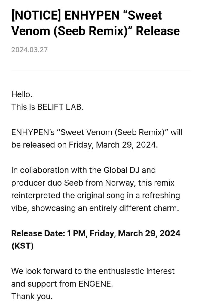 240327 [NOTICE] ENHYPEN “Sweet Venom (Seeb Remix)” Release