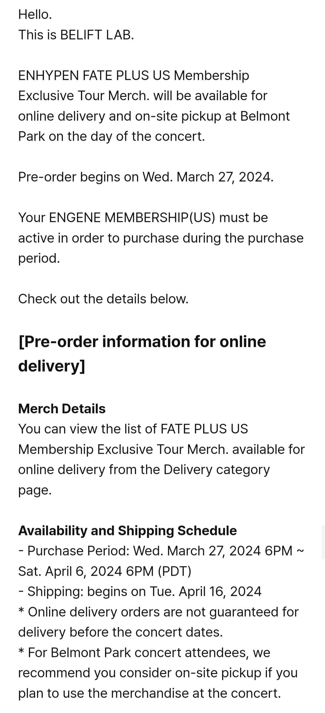 240327 [NOTICE] ENHYPEN FATE PLUS US Membership Exclusive Tour Merch. Pre-order available for online delivery and on-site pickup at Belmont Park