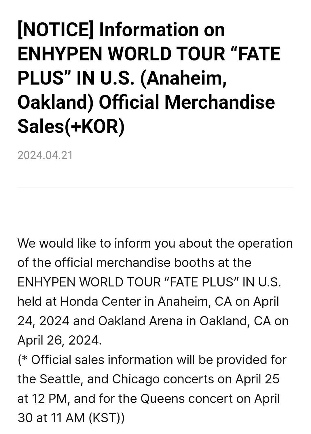 240421 [NOTICE] Information on ENHYPEN WORLD TOUR “FATE PLUS” IN U.S. (Anaheim, Oakland) Official Merchandise Sales