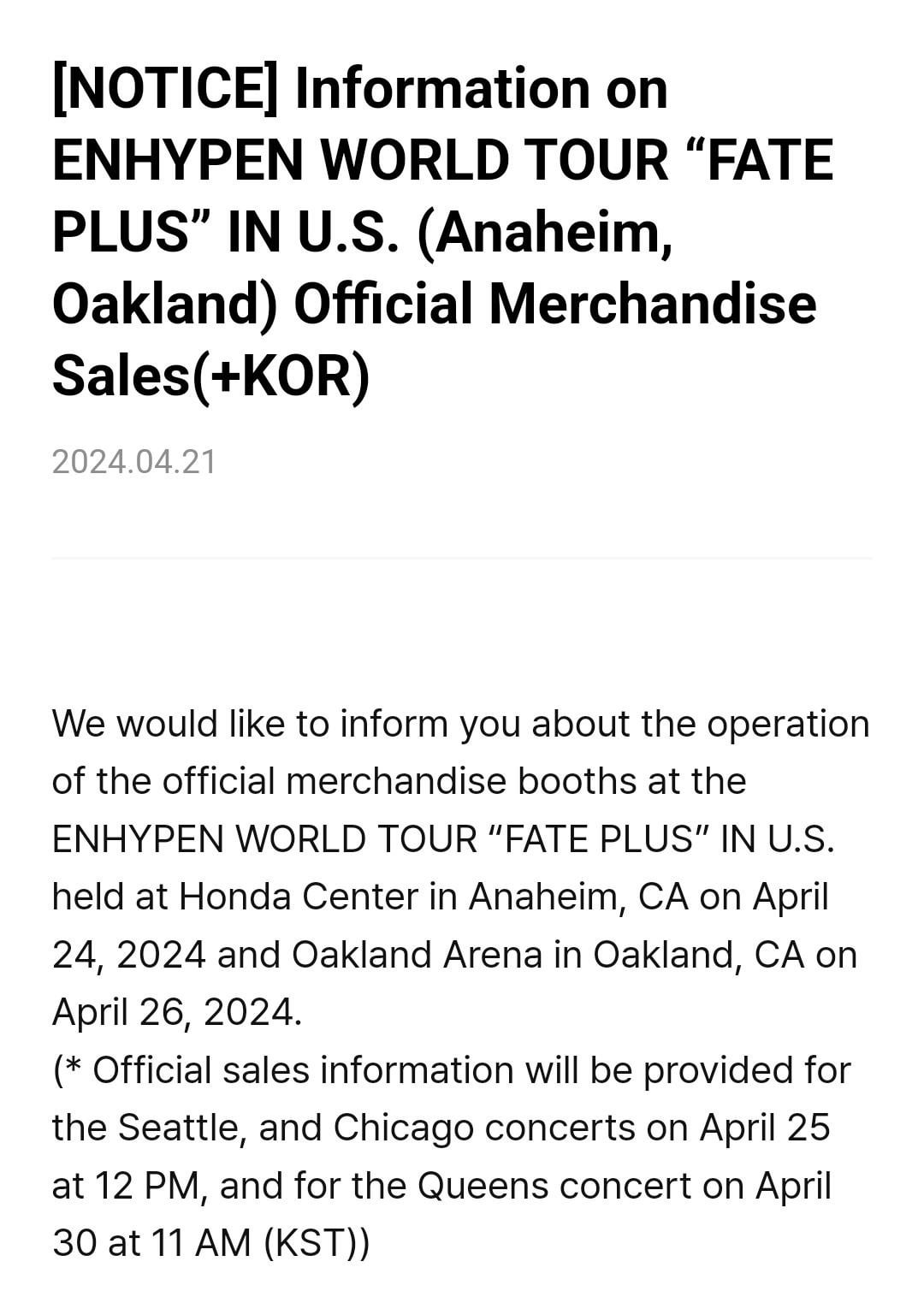 240421 [NOTICE] Information on ENHYPEN WORLD TOUR “FATE PLUS” IN U.S. (Anaheim, Oakland) Official Merchandise Sales