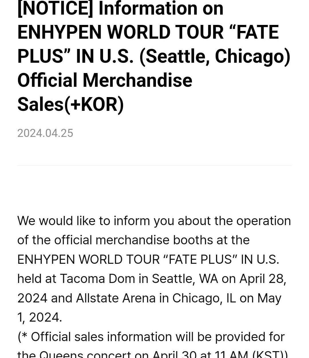 240425 Information on ENHYPEN WORLD TOUR “FATE PLUS” IN U.S. (Seattle, Chicago) Official Merchandise Sales