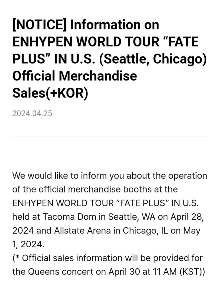 240425 Information on ENHYPEN WORLD TOUR “FATE PLUS” IN U.S. (Seattle, Chicago) Official Merchandise Sales