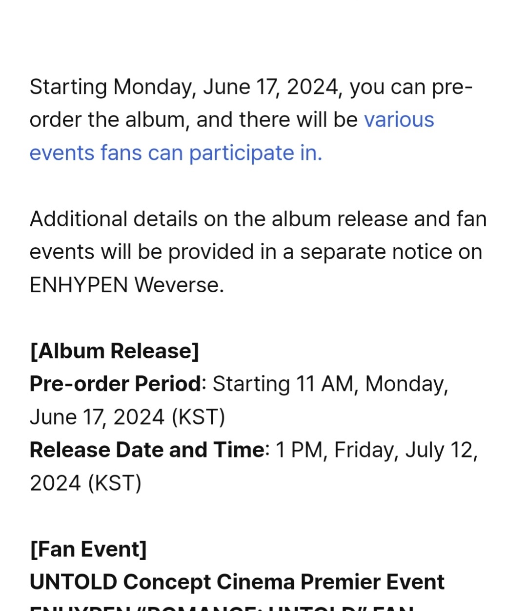 240617 [Notice] ENHYPEN ‘ROMANCE : UNTOLD’ Release