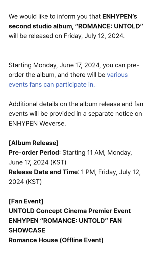 240617 [Notice] ENHYPEN ‘ROMANCE : UNTOLD’ Release
