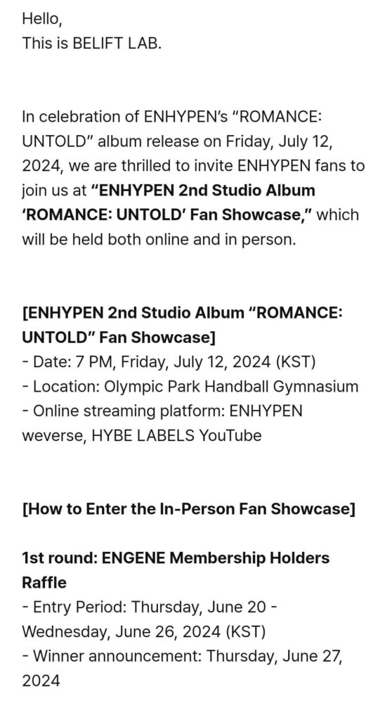 240620 [Notice] ENHYPEN “ROMANCE: UNTOLD” Album Release Fan Showcase Notice