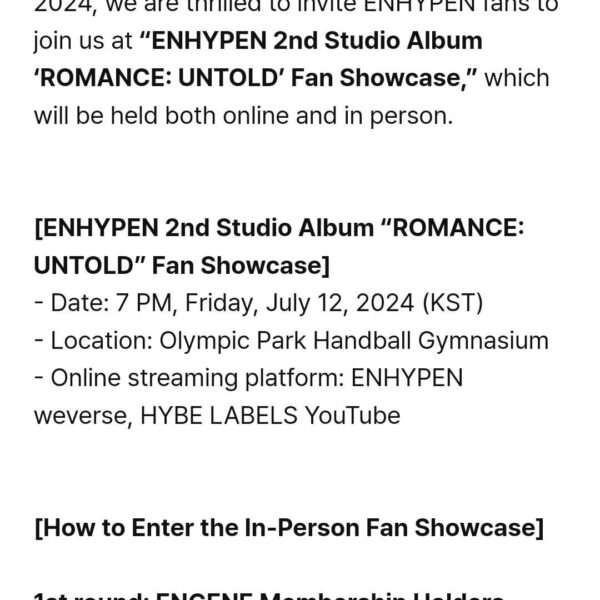 240620 [Notice] ENHYPEN “ROMANCE: UNTOLD” Album Release Fan Showcase Notice