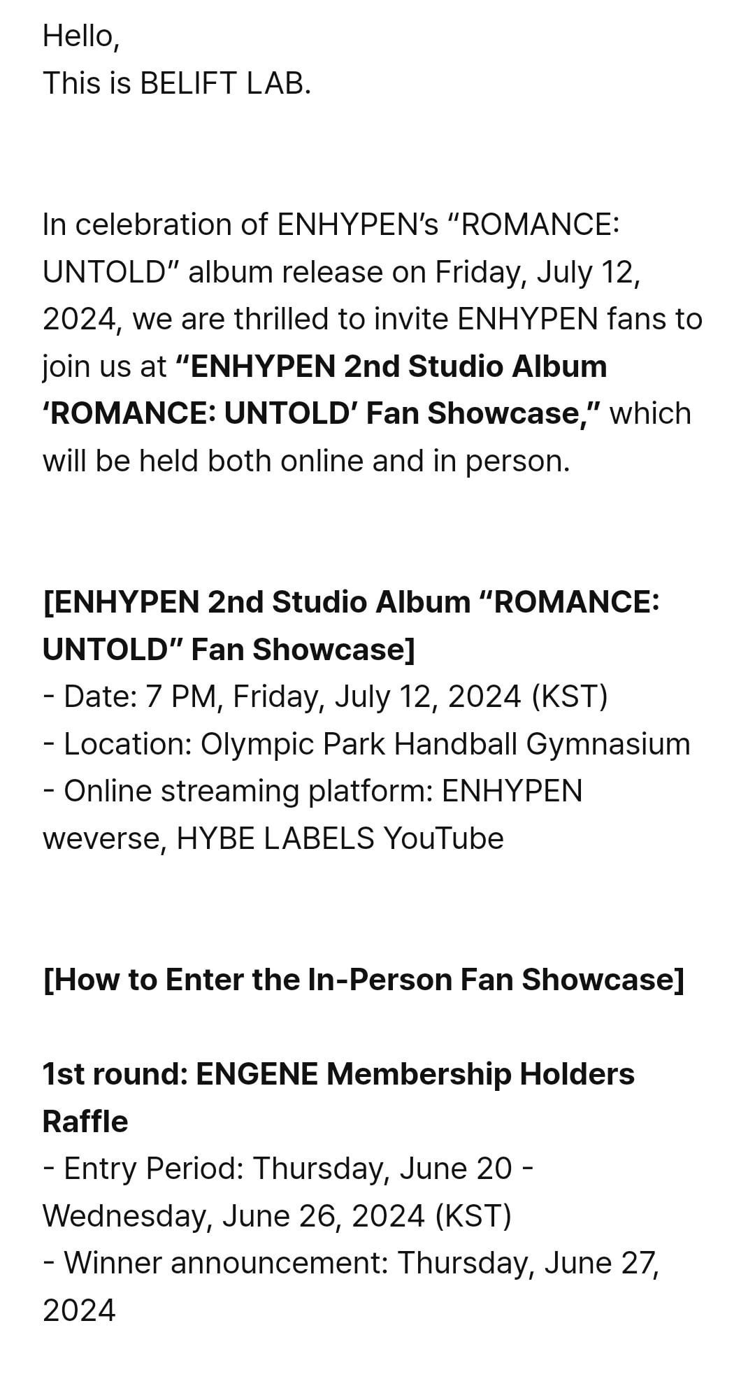 240620 [Notice] ENHYPEN “ROMANCE: UNTOLD” Album Release Fan Showcase Notice
