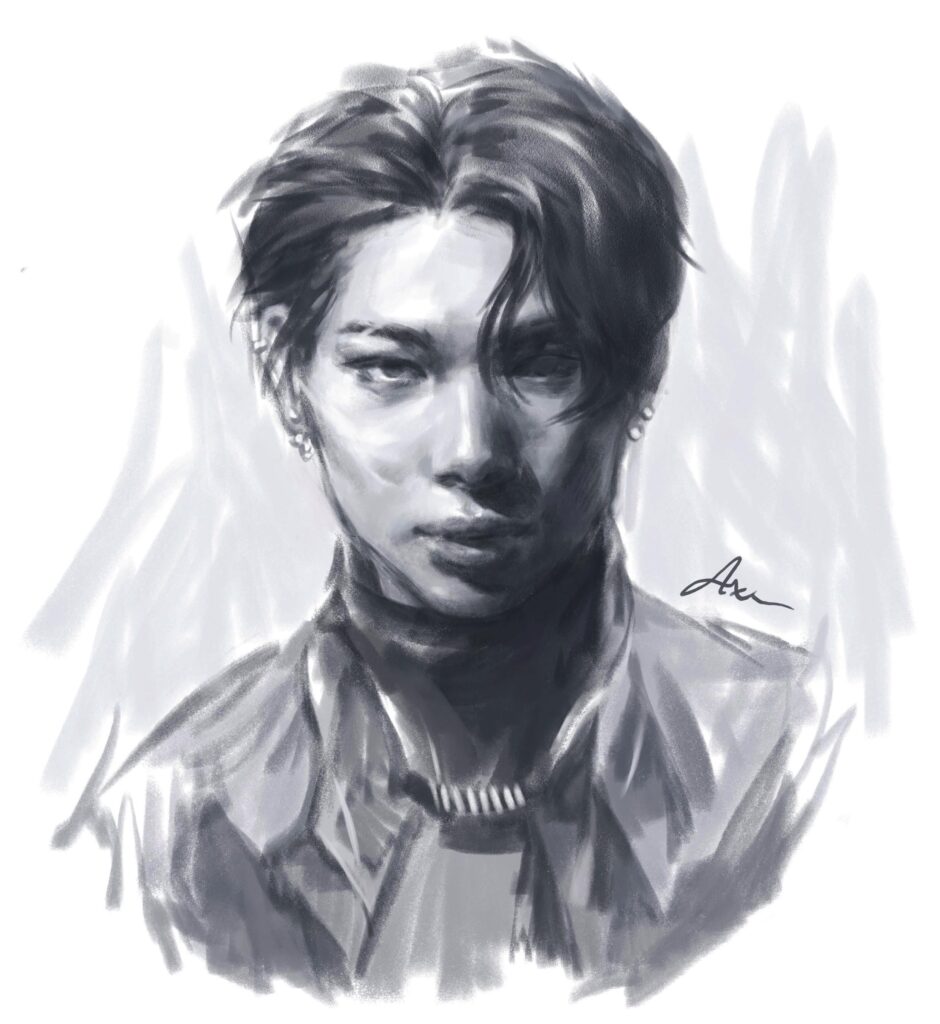 (digital) charcoal sketch of ni-ki, villain concept
