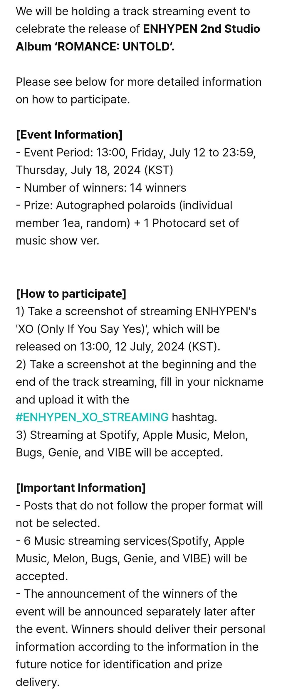 240712 [NOTICE] Information on the Track & MV Streaming and Download Events in Celebration of ENHYPEN 'ROMANCE : UNTOLD' Release
