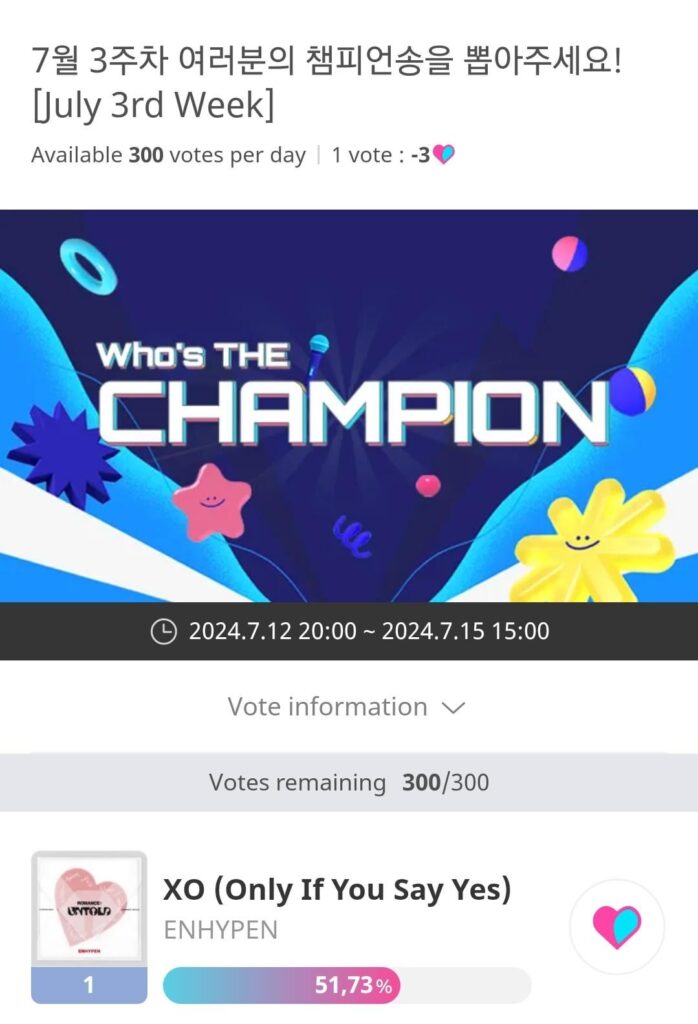 ENHYPEN is nominated for Show Champion - voting is open on IdolChamp until July 15