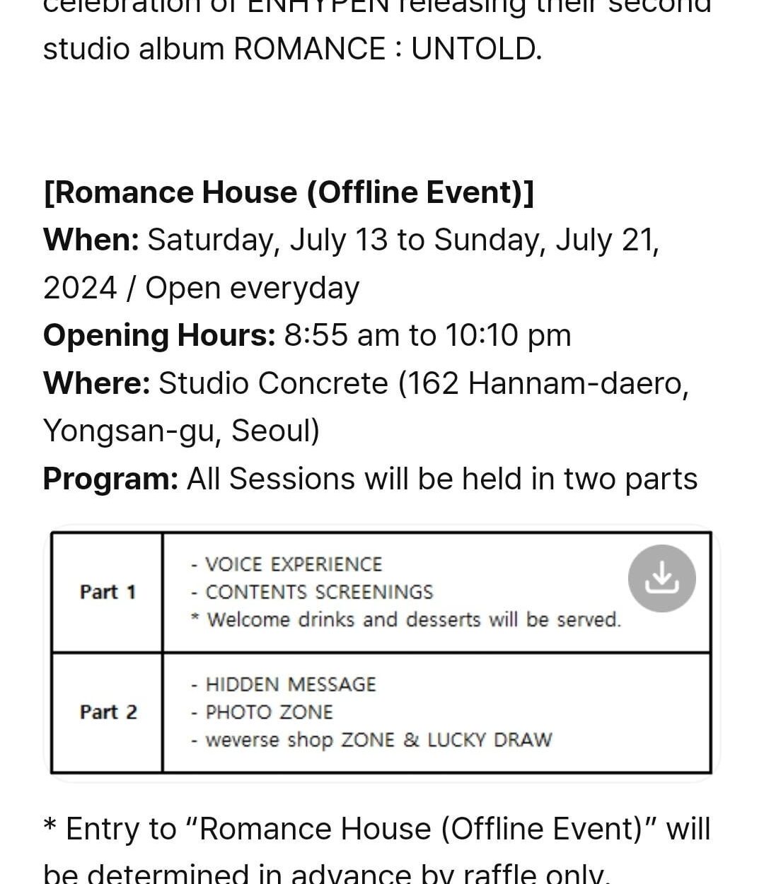 240704 [Notice] ENHYPEN “Romance House (Offline Event)” Sign Up