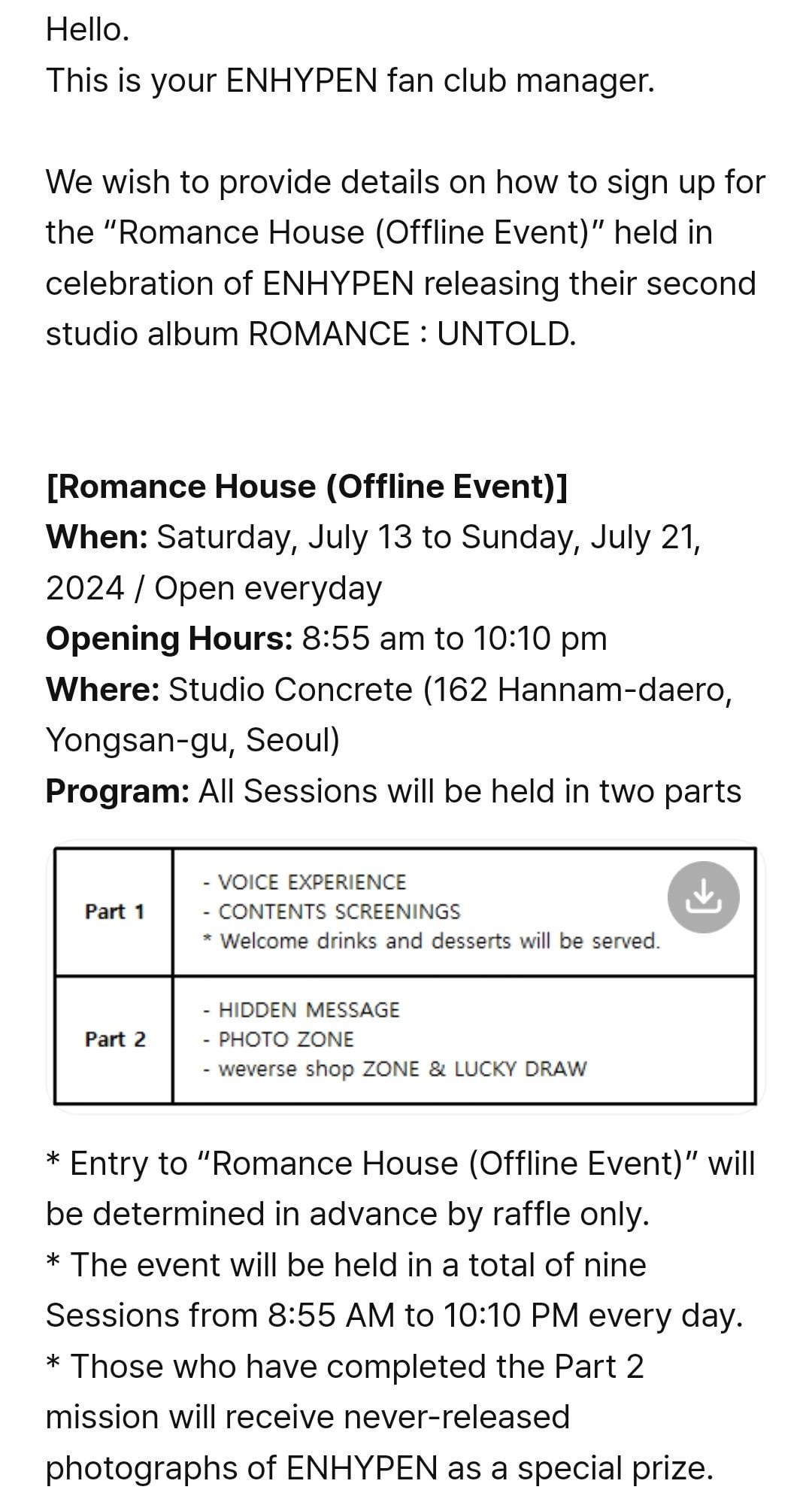 240704 [Notice] ENHYPEN “Romance House (Offline Event)” Sign Up
