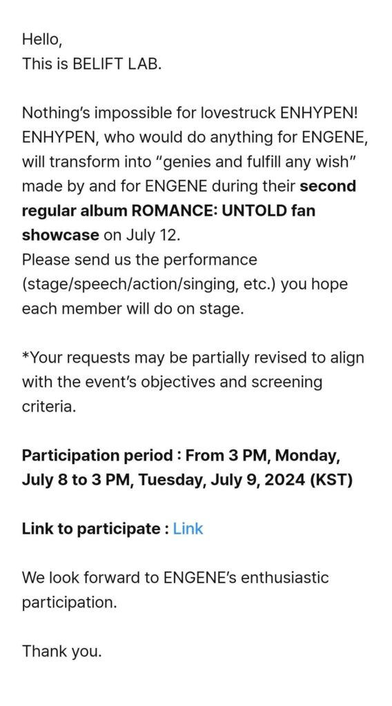 240708 [NOTICE] ENHYPEN 2nd Studio Album “ROMANCE : UNTOLD” FAN SHOWCASE EVENT ‘Only If You Were My Genie’