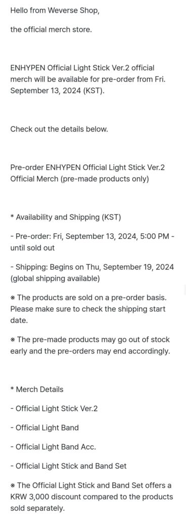 240912 Pre-order ENHYPEN Official Light Stick Ver.2 Official Merch (pre-made products only) Notice