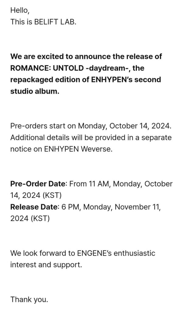 241014 [Notice] ENHYPEN ROMANCE : UNTOLD -daydream- Release
