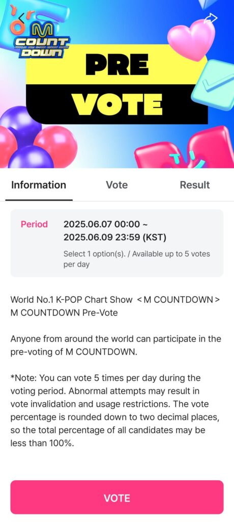 Pre-vote for next weeks 'M Countdown' has started @ Mnet Plus until June 9