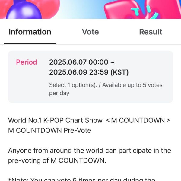 Pre-vote for next weeks 'M Countdown' has started @ Mnet Plus until June 9