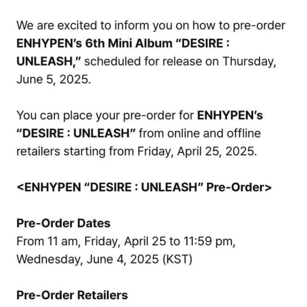 250424 ENHYPEN DESIRE: UNLEASH pre-order info & album versions