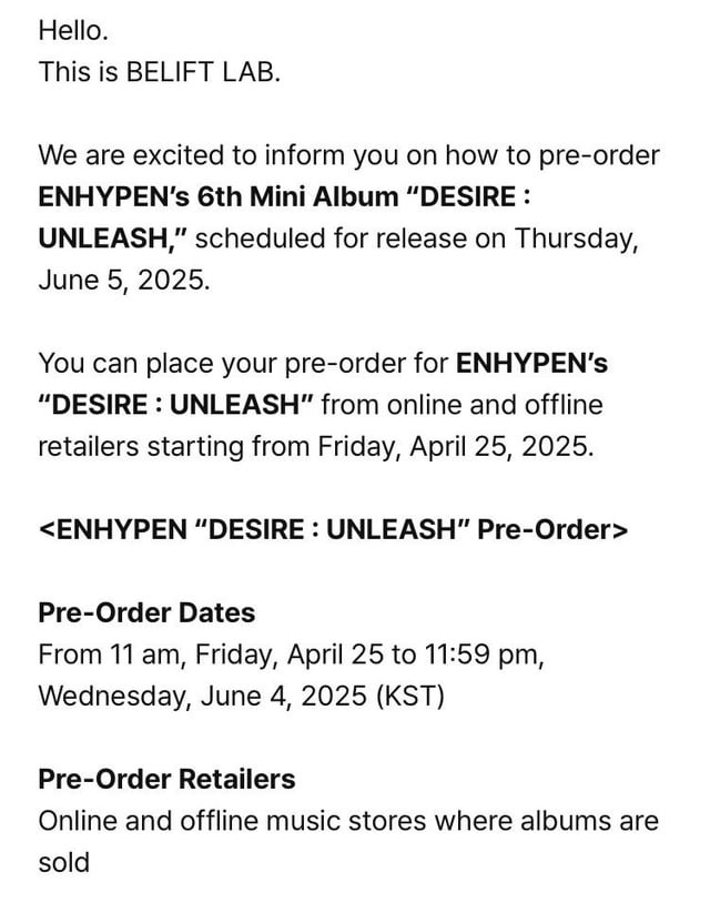 250424 ENHYPEN DESIRE: UNLEASH pre-order info & album versions