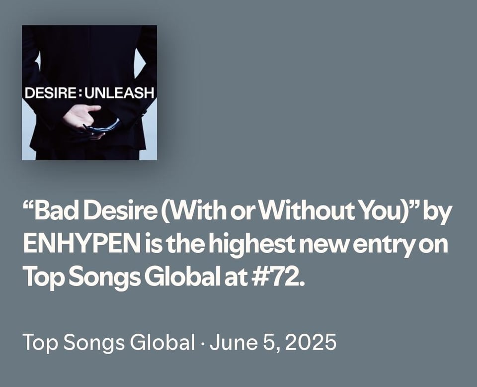 250607 Bad Desire (With or Without You) Debuts at #72 on the Spotify Top Songs Global Chart