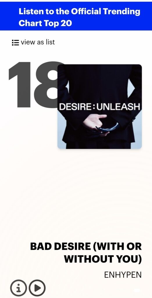 250611 Bad Desire lands at #18 on this week's UK Trending chart