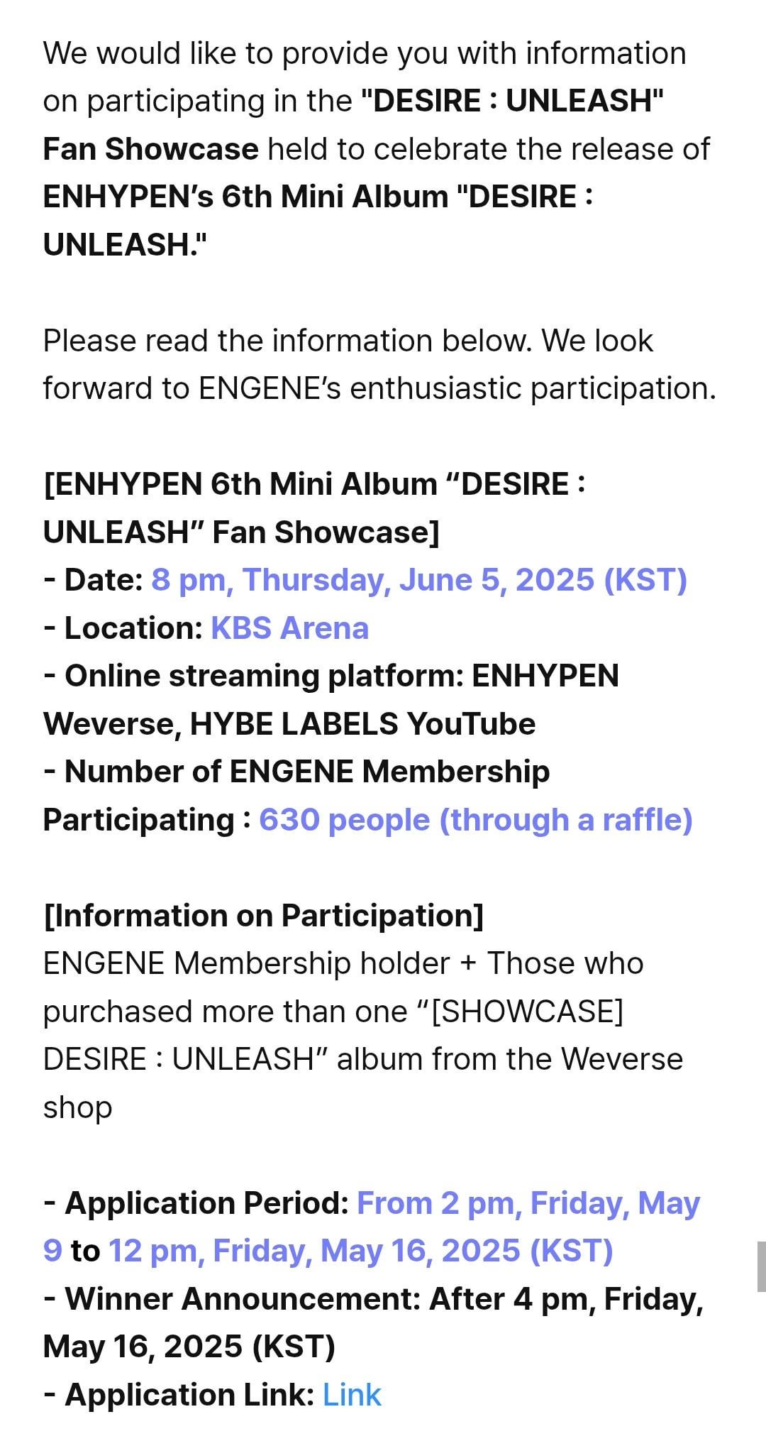 250509 [NOTICE] Information on ENGENE Membership holder’s application for ENHYPEN ‘DESIRE : UNLEASH’ Release Fan Showcase