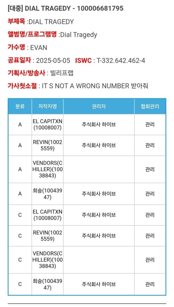 250711 Heeseung's 'Dial Tragedy' is now officially registered on KOMCA with the performer listed as 'EVAN'