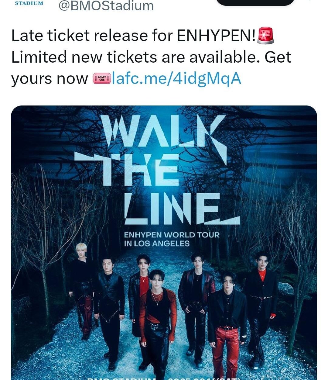 Additional side view tickets have been released for ENHYPEN at BMO Stadium