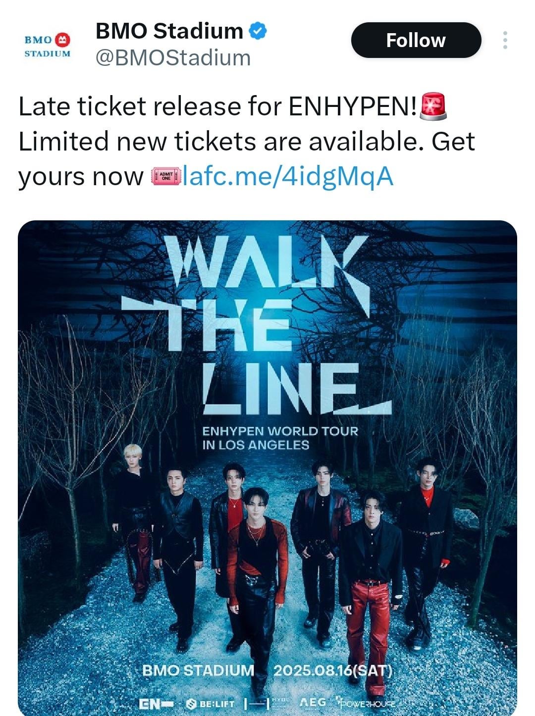 Additional side view tickets have been released for ENHYPEN at BMO Stadium