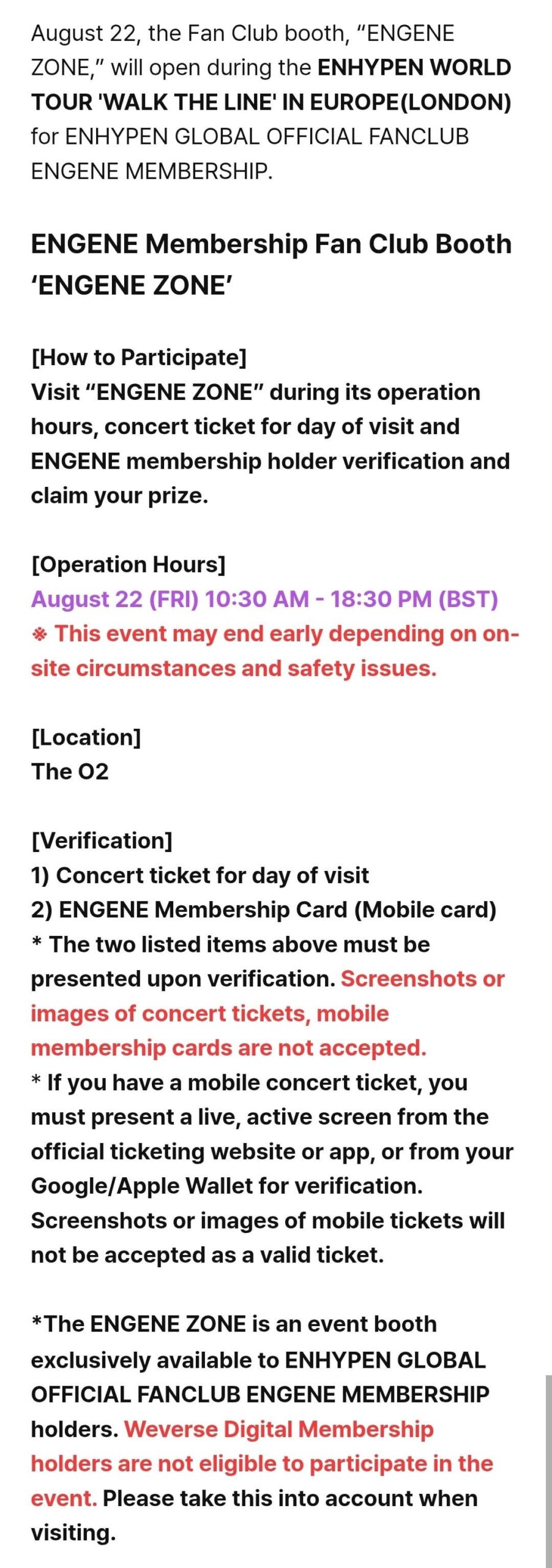 250818 ENHYPEN WORLD TOUR 'WALK THE LINE' IN EUROPE (LONDON) Fan Club Booth “ENGENE ZONE” Operation Announcement