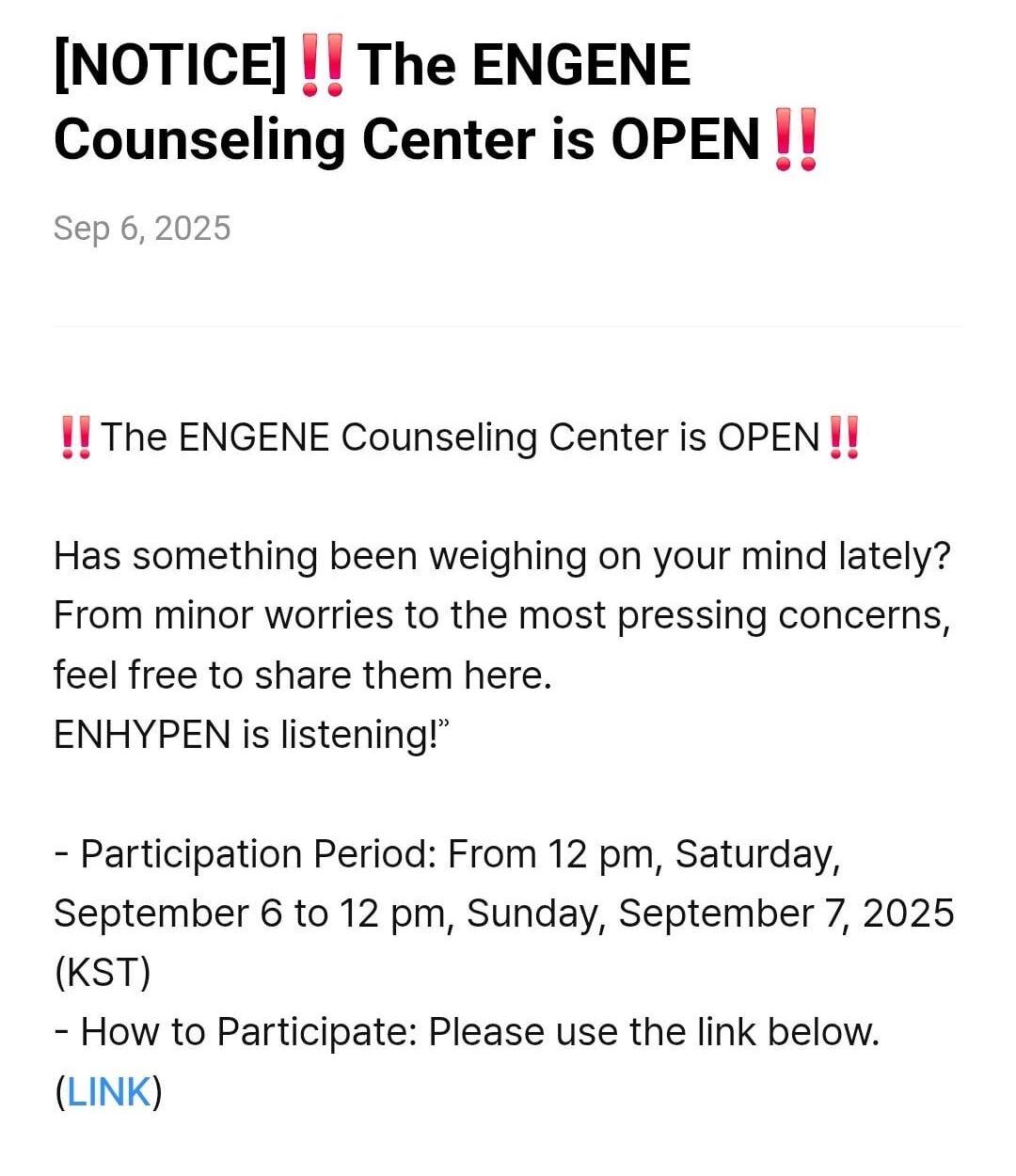 [NOTICE]‼️The ENGENE Counseling Center is OPEN‼️
