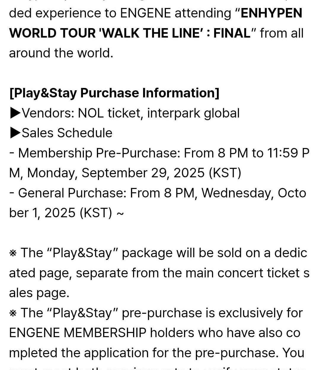 250909 [NOTICE] ENHYPEN WORLD TOUR 'WALK THE LINE' : FINAL Play&Stay Package Now Open