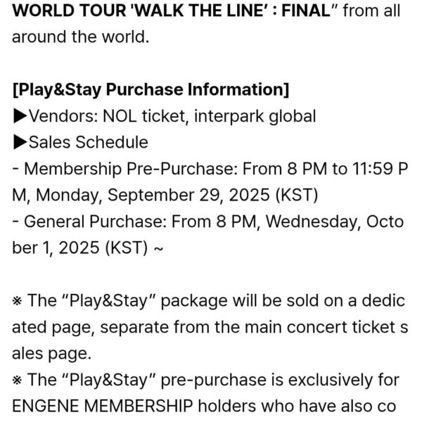 250909 [NOTICE] ENHYPEN WORLD TOUR 'WALK THE LINE' : FINAL Play&Stay Package Now Open