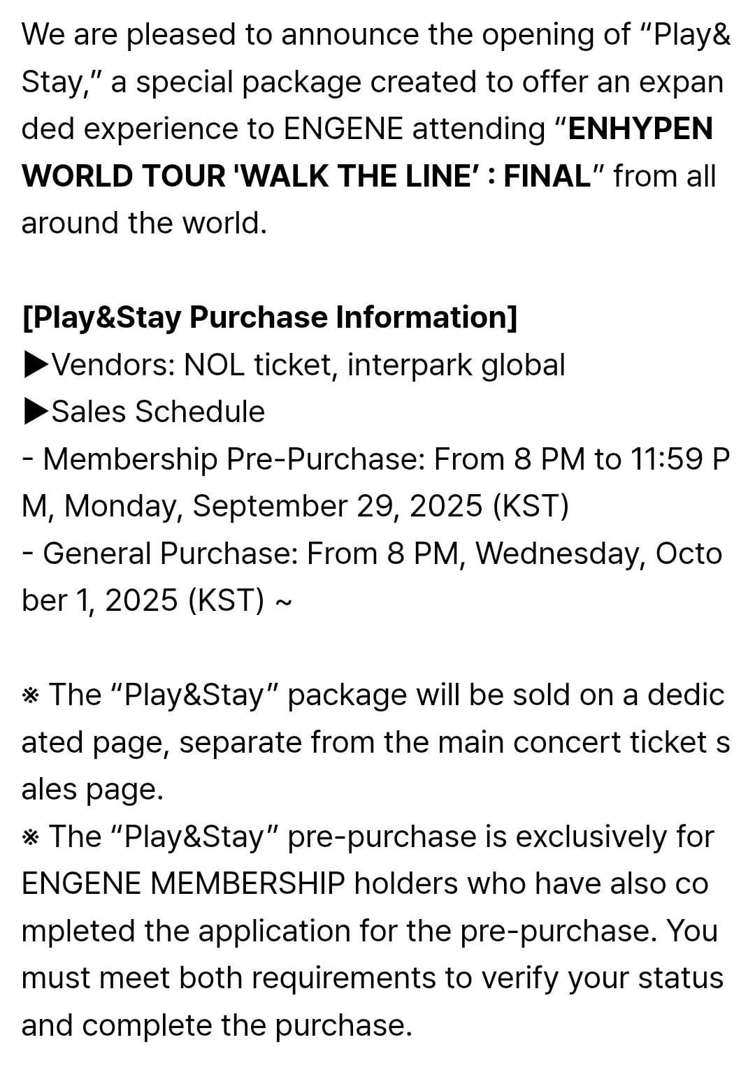250909 [NOTICE] ENHYPEN WORLD TOUR 'WALK THE LINE' : FINAL Play&Stay Package Now Open