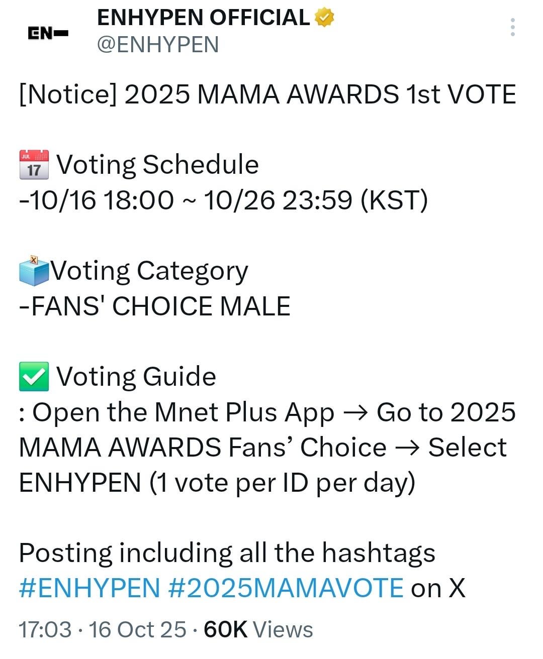 251017 ENHYPEN OFFICIAL Twitter: 2025 MAMA 1st Vote Notice
