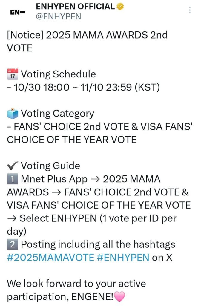 251030 ENHYPEN OFFICIAL Twitter: 2025 MAMA 2nd Round Vote Notice