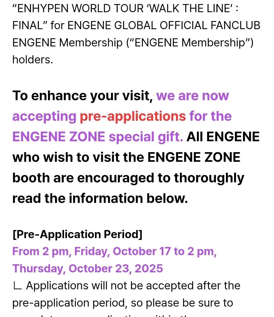 251017 [NOTICE] ENHYPEN WORLD TOUR ‘WALK THE LINE’ : FINAL Concert “ENGENE ZONE” Fan Club Booth Operations