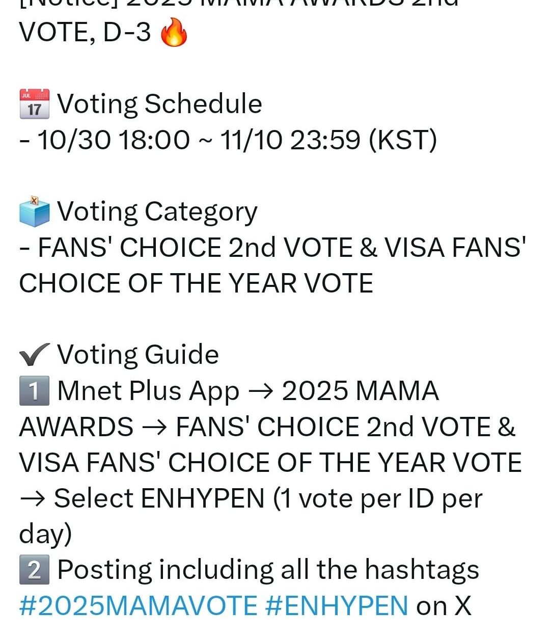 251107 ENHYPEN OFFICIAL Twitter: MAMA AWARDS 2nd VOTE D-3 Notice