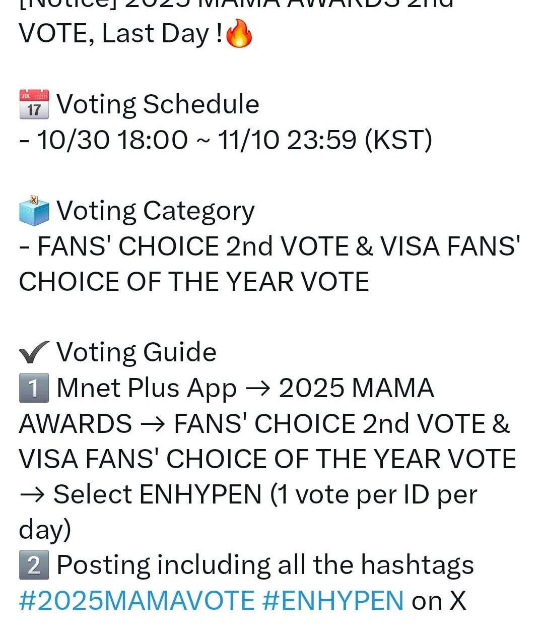 251110 ENHYPEN OFFICIAL Twitter: 2025 MAMA AWARDS 2nd VOTE - Last Day Notice