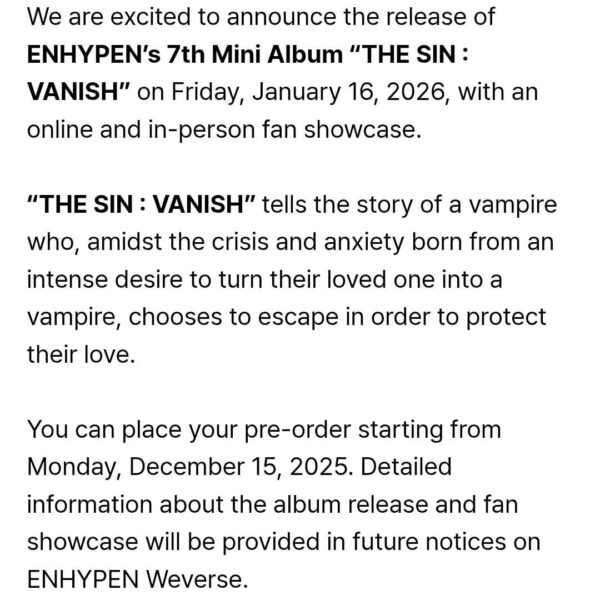 251215 [Notice] ENHYPEN ‘THE SIN : VANISH’ Release and Fan Showcase