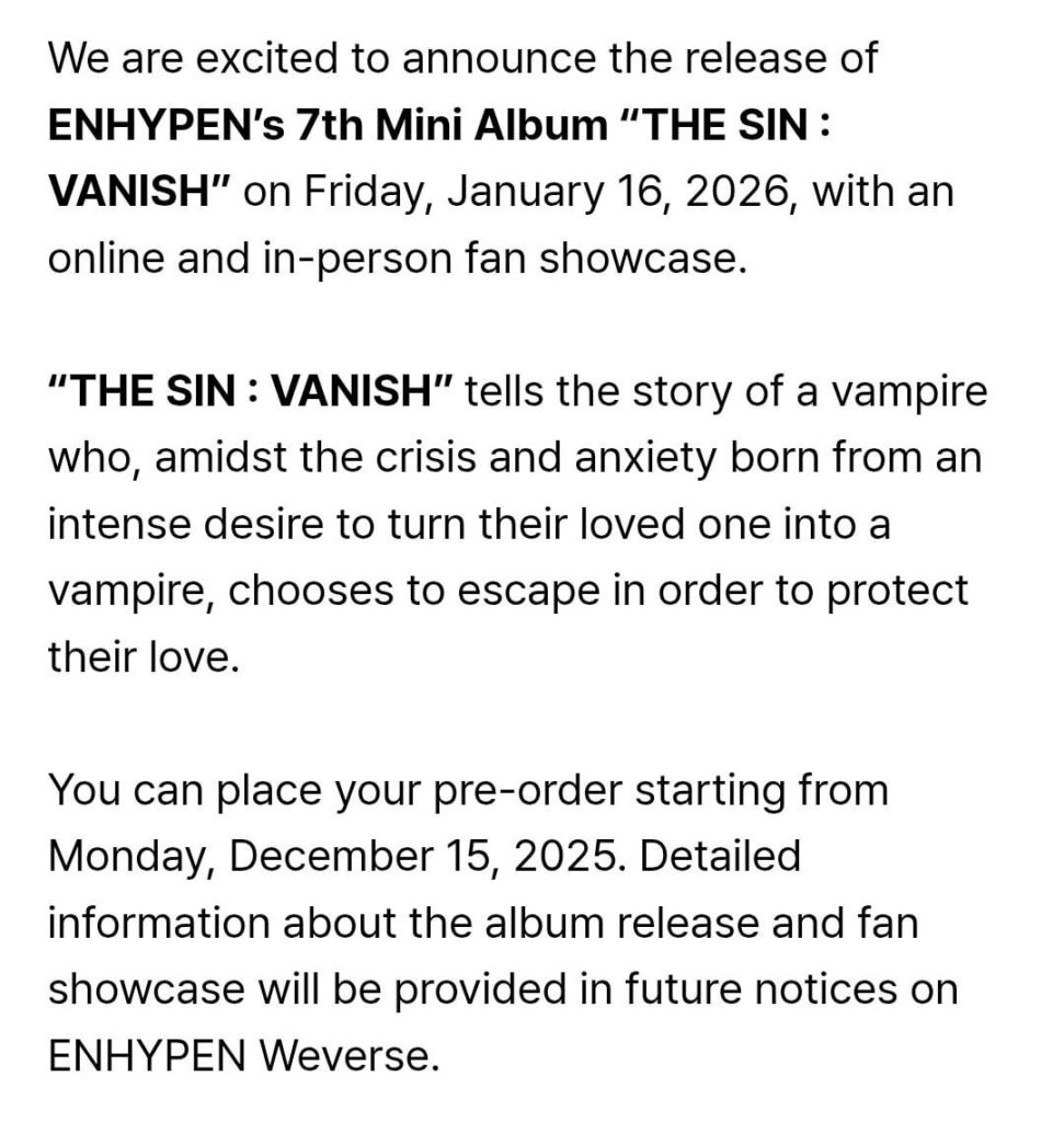 251215 [Notice] ENHYPEN ‘THE SIN : VANISH’ Release and Fan Showcase