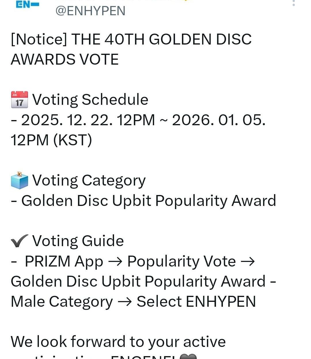 251224 ENHYPEN OFFICIAL Twitter: GOLDEN DISC AWARDS VOTE NOTICE