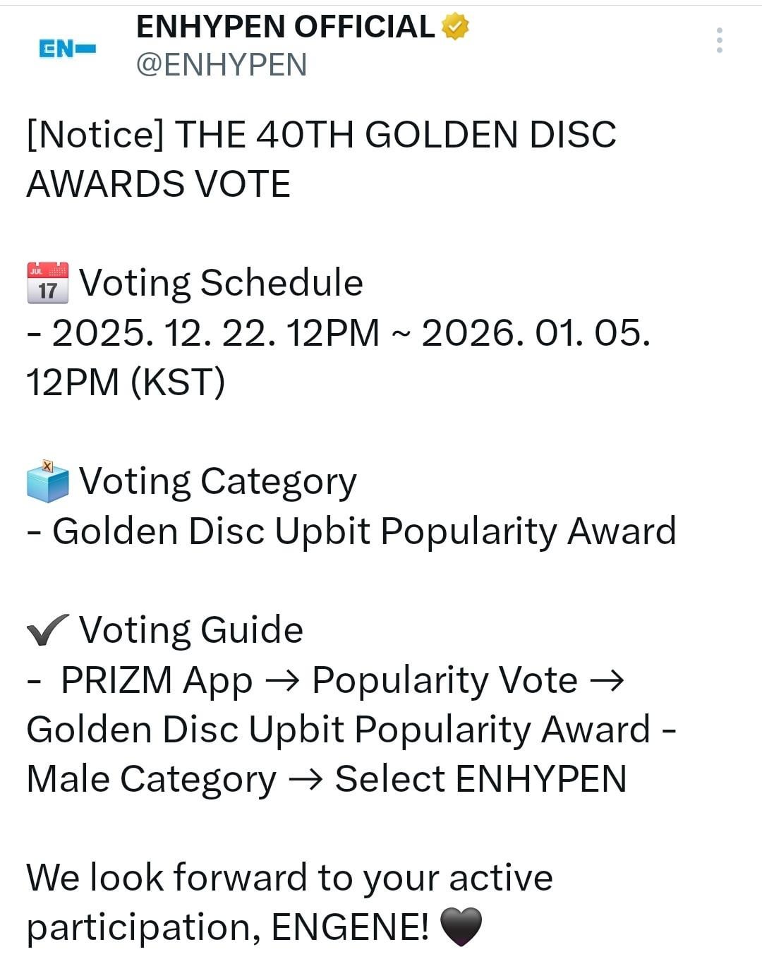 251224 ENHYPEN OFFICIAL Twitter: GOLDEN DISC AWARDS VOTE NOTICE