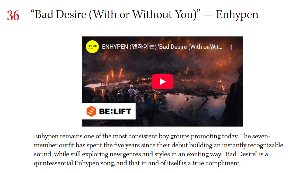 251230 'Bad Desire (With Or Without You)' by ENHYPEN is one of the Best K-pop songs of 2025 by The Hollywood Reporter
