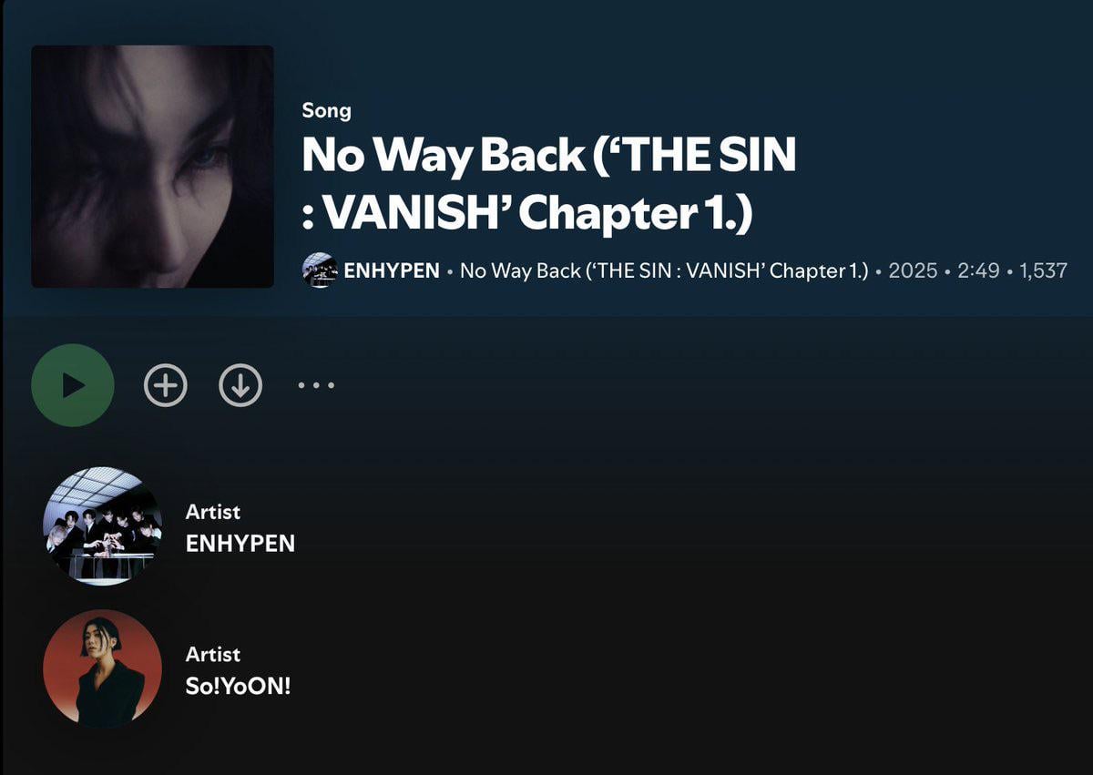 251230 ‘No Way Back (THE SIN : VANISH Chapter 1)’ has been uploaded on Spotify, revealing that the track features So!YoON!