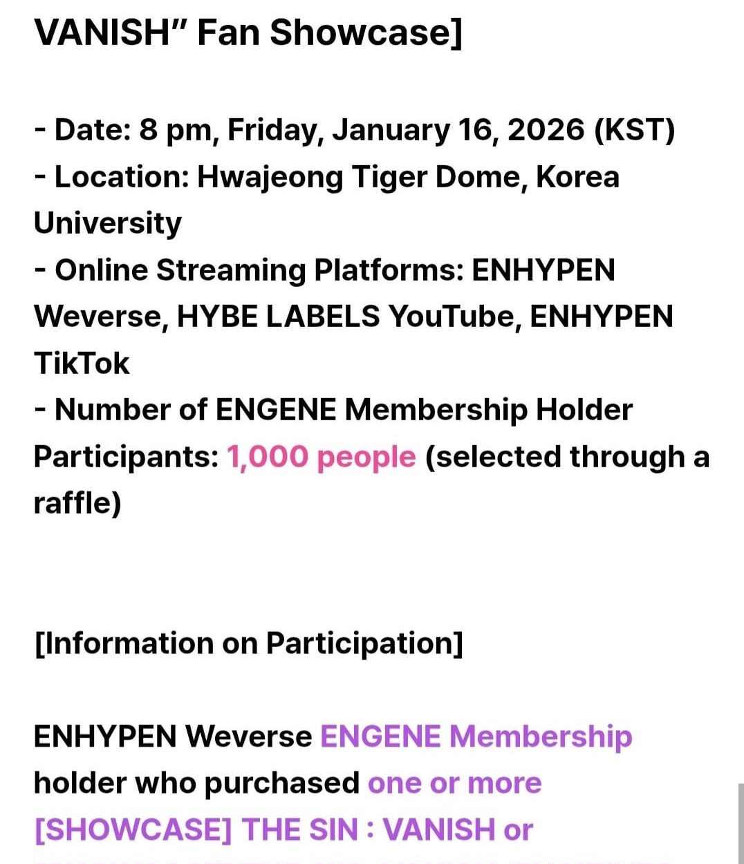 251223 Information on ENGENE Membership holder’s application for ENHYPEN ‘THE SIN : VANISH’ Release Fan Showcase